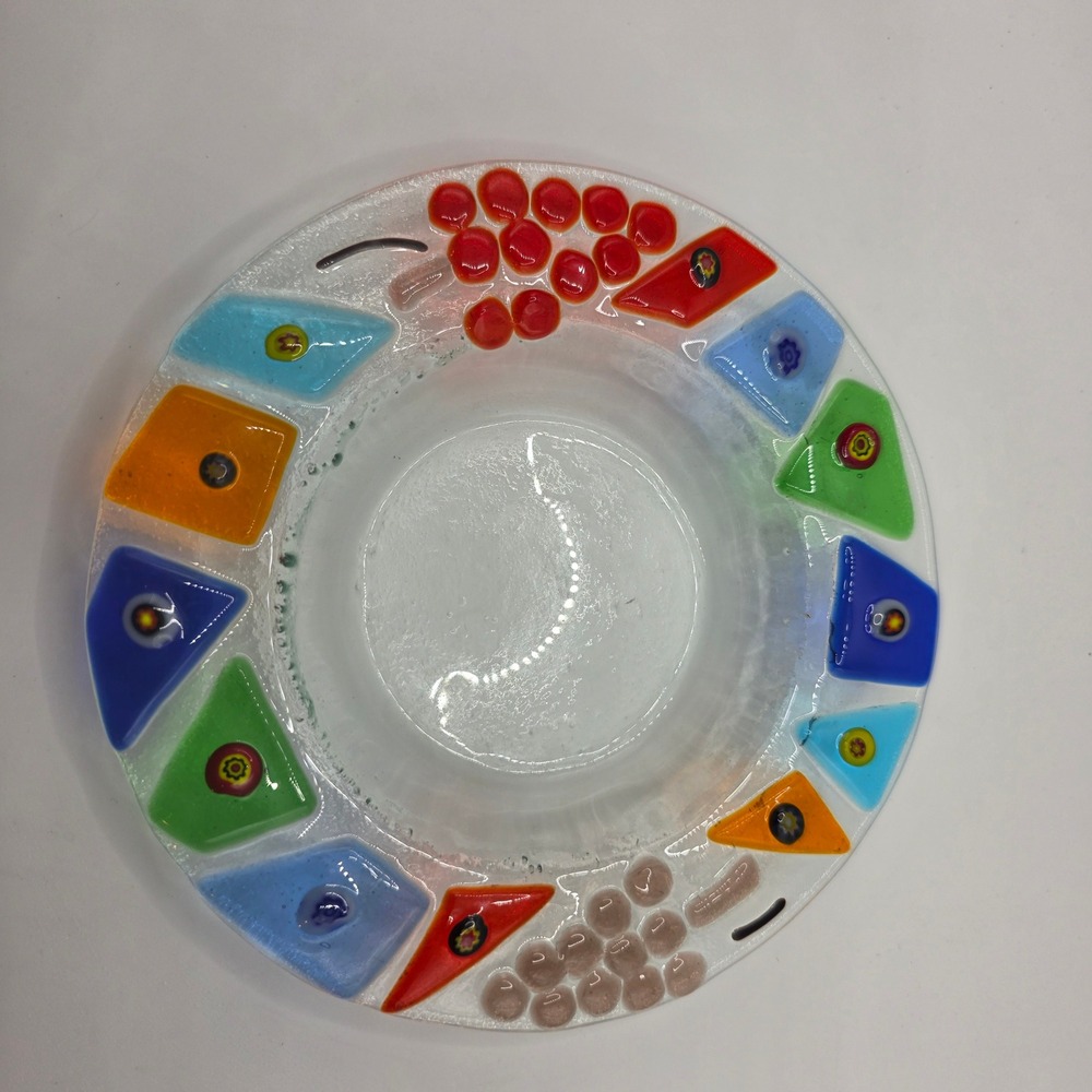 Handcrafted Fused Glass Bowl Colorful Geometric‎ Millefiori Grape Design 7 Inch